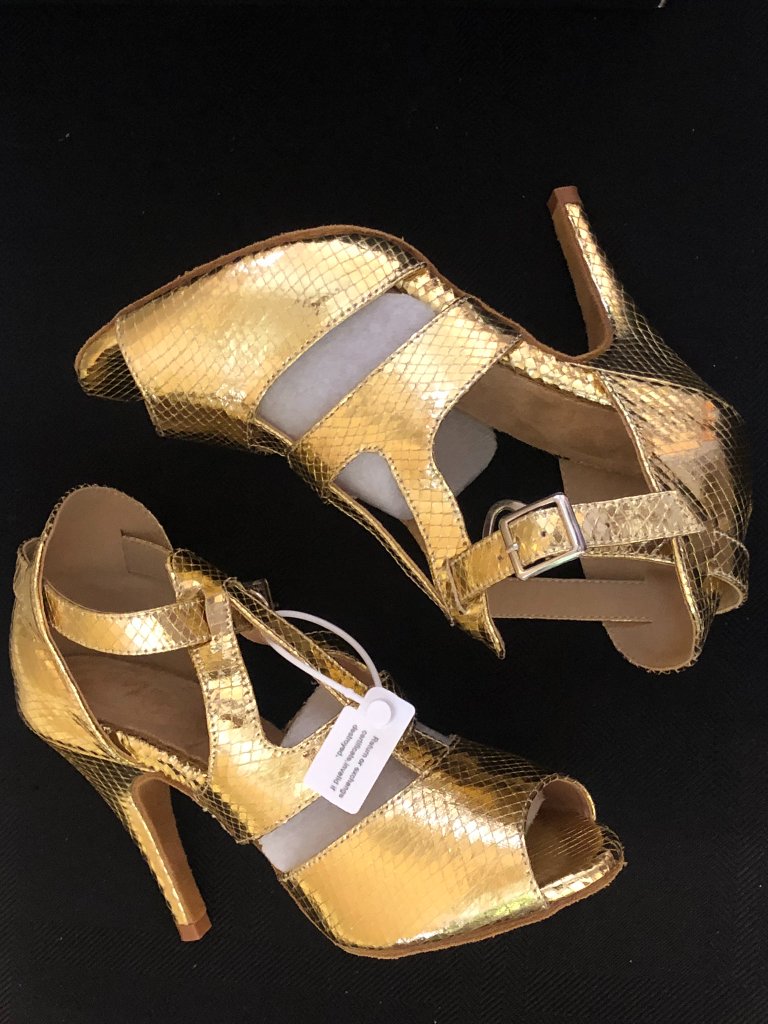 Danceandsway Gold Metallic Snakeskin Caged Salsa Dance Heels Size 6.5 Nib — image 2 of 7